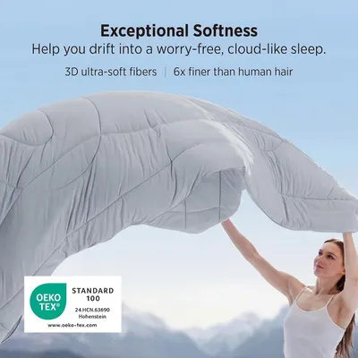 Highlights the product's exceptional softness and comfort using a metric (6x finer than human hair) and OEKO-TEX certification to reassure shoppers of quality…