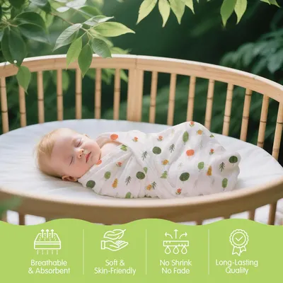 Highlights four distinct material and quality benefits of the swaddle blanket through a segmented icon layout to reassure parents of the product's comfort and durability.