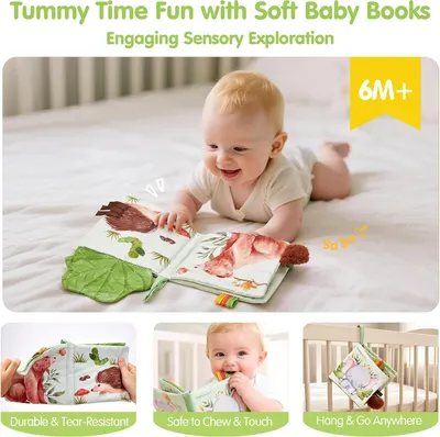 Showcases three distinct benefits of the baby sensory book through a segmented layout to reassure parents of its durability, safety, and portability.