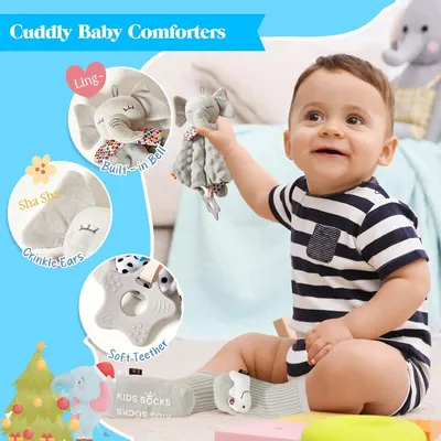 Breaks down the physical features and components of the baby comforter toy, highlighting the built-in bell, crinkle ears, and soft teether to help shoppers understand what the product includes.…