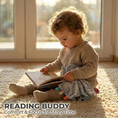 Demonstrates a specific use case for the comforter as a reading buddy during story time, showing how the product provides comfort and focus for children during activities. Highlights the benefit of…