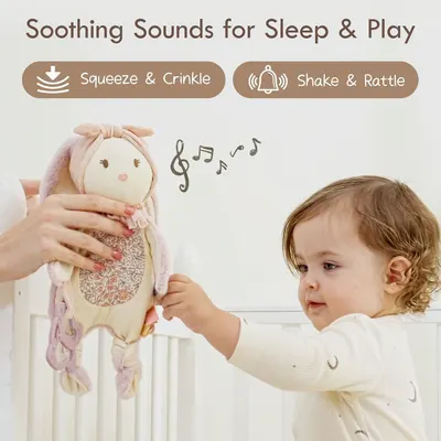 Demonstrates the product's dual sound features (squeeze and crinkle, shake and rattle) that help soothe babies during sleep and play.