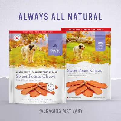 Reinforces the all-natural quality of the product with a simple, clean visual showing the Sweet Potato Chews in two packaging sizes, emphasizing that the product contains no additives,…