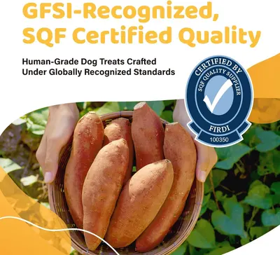 Reassures shoppers that the dog treats are crafted under globally recognized quality and safety standards, emphasizing human-grade certification to build trust in product safety. Highlights the…
