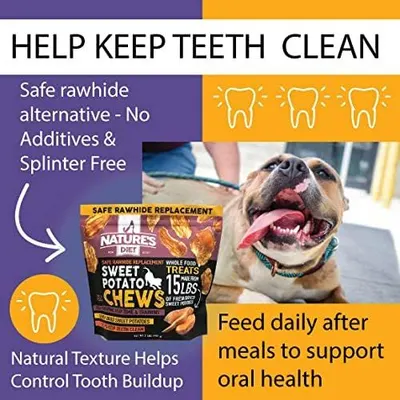 Communicates multiple distinct benefits in a segmented layout: teeth cleaning, safe ingredients, natural texture for dental care, and daily feeding instructions for oral health support.