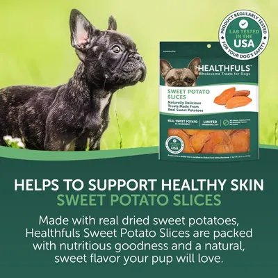 Communicates that the sweet potato treats help support healthy skin for dogs, reassuring pet owners about the health benefits of the product.