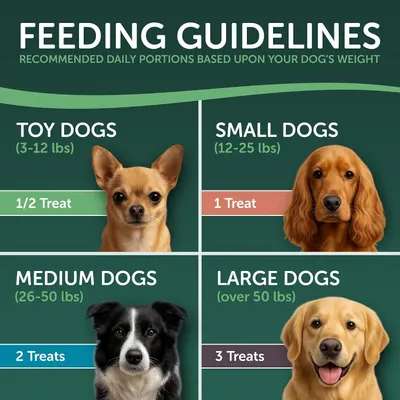 Provides clear feeding guidelines showing recommended daily portions based on dog size to help pet owners use the product correctly and safely.