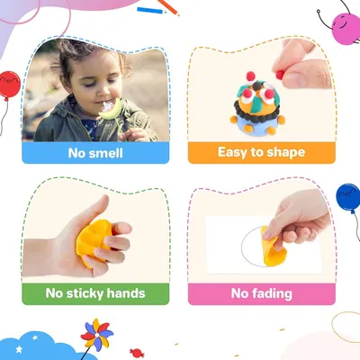 Highlights four distinct product benefits in a segmented layout to reassure parents about safety, ease of use, and quality of the modeling clay.