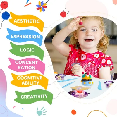 Communicates the educational and developmental benefits of the modeling clay, showing how it supports multiple areas of child development.