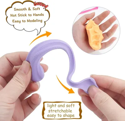 Highlights multiple material benefits of the modeling clay including its soft texture, non-stick properties, ease of shaping, and stretchability to reassure parents and kids about ease of use.