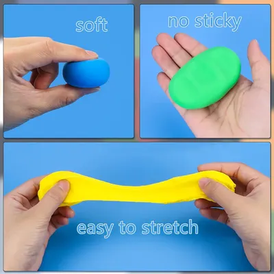 Highlights three distinct material benefits of the modeling clay in a segmented three-panel layout to reassure shoppers about the product's tactile quality and ease of use.