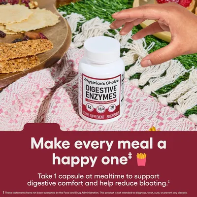 Instructs shoppers to take one capsule at mealtime to support digestive comfort and reduce bloating, making usage simple and clear. Communicates the primary benefit of digestive comfort and bloating…
