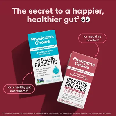 Showcases the brand's digestive health product lineup, positioning the probiotic and digestive enzyme products as complementary solutions for gut health.