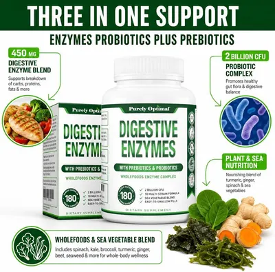 Highlights the three-in-one formula with segmented callouts showing digestive enzymes, probiotics, and plant-based nutrition to communicate comprehensive digestive support.