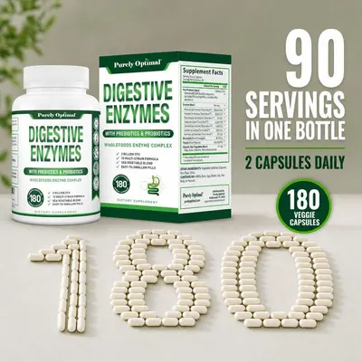 Emphasizes the quantity value proposition by showing 90 servings in one bottle with 180 veggie capsules, reassuring shoppers of long-lasting supply. Communicates the benefit of extended supply and…