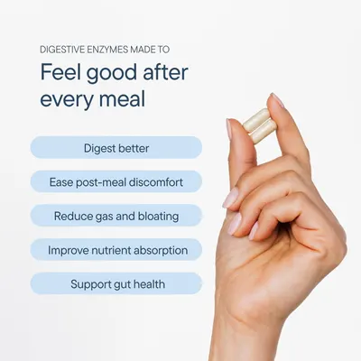 Highlights five distinct digestive benefits in a vertically stacked list format, showing how the enzymes support multiple aspects of digestive wellness.