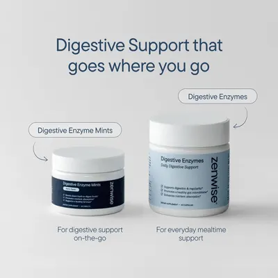 Showcases the brand's product portfolio by presenting two different digestive enzyme formats side-by-side, helping shoppers choose between on-the-go mints and everyday capsules.