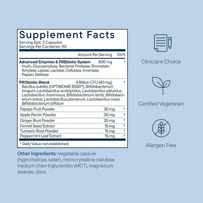 Provides detailed ingredient transparency by breaking down what the product contains, including enzymes, probiotics, and botanicals, along with certifications like vegetarian and allergen-free.