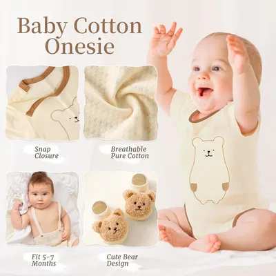 Highlights multiple distinct benefits of the baby onesie in a segmented layout to communicate quality, convenience, and design appeal.