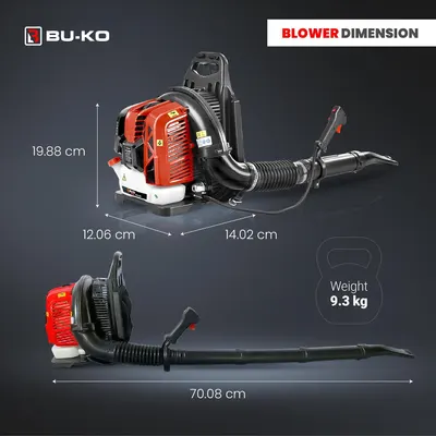 Shows the exact physical dimensions and weight of the backpack blower to help shoppers understand its size and portability.