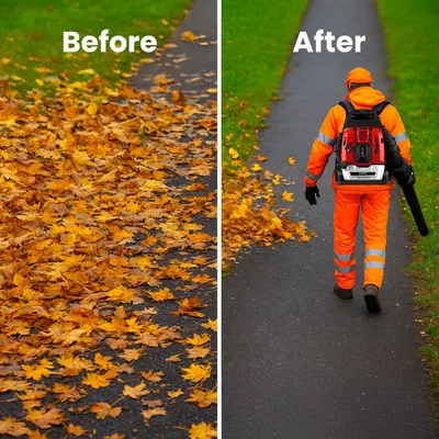 Visually proves the product's effectiveness by showing a side-by-side transformation of a leaf-covered path before and after using the blower.