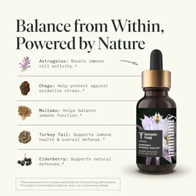 Breaks down the product by listing and visually identifying each mushroom and botanical ingredient with its specific health function, helping shoppers understand what the product contains.
