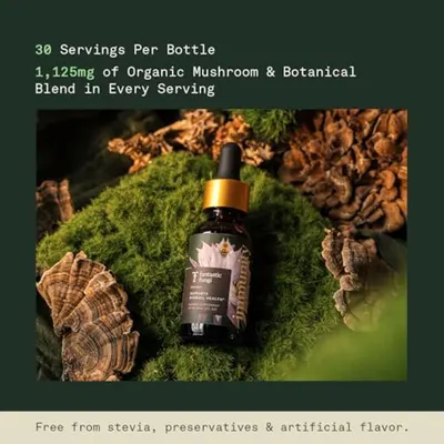 Highlights the quantity and potency of the product by stating the number of servings and the total milligrams of organic mushroom and botanical blend per serving. Reassures shoppers that the product…