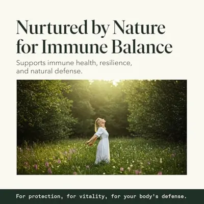 Communicates the core benefit of immune health support through a lifestyle-inspired visual paired with messaging about resilience and natural defense.