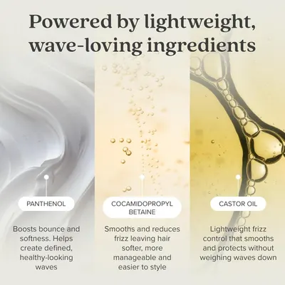Highlights the three key wave-enhancing ingredients and their specific benefits to educate shoppers on what makes the formula effective. Communicates multiple ingredient-driven benefits in a…