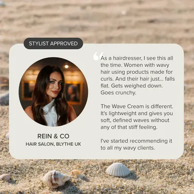 Features a hairstylist's professional endorsement to build credibility and trust, highlighting the product's lightweight formula and effectiveness for wavy hair.