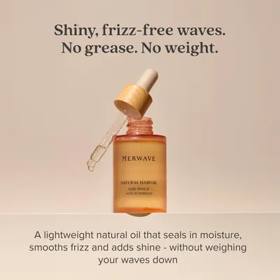 Communicates that the hair oil delivers shiny, frizz-free waves without greasiness or weighing hair down, reassuring shoppers of a lightweight formula.