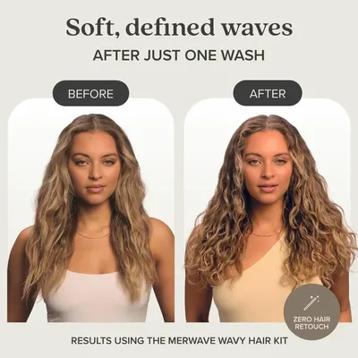 Visually proves the product's effectiveness by showing a side-by-side transformation of hair from before to after using the wavy hair kit.