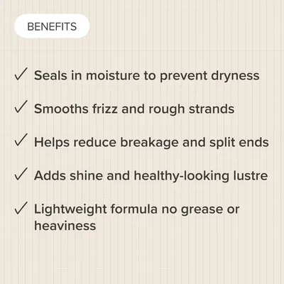 Highlights multiple distinct benefits of the product in a checklist format, reassuring shoppers of comprehensive hair care advantages.