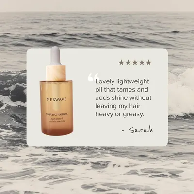 Builds trust and social proof by featuring a customer quote praising the oil's lightweight, shine-enhancing, non-greasy formula.