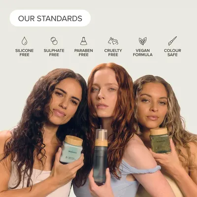 Reassures shoppers about the product's safety and ethical standards by highlighting that it is free from harmful ingredients, vegan, cruelty-free, and color-safe. Communicates the brand's commitment…