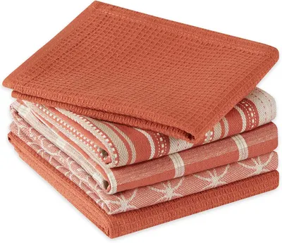 Displays the complete set of dishtowels in a stacked arrangement to show customers exactly what they will receive in the package.