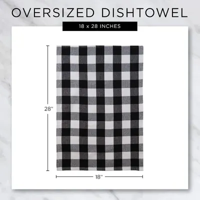 Communicates the physical dimensions of the oversized dishtowel (18 x 28 inches) with measurement arrows to help shoppers understand the product size.