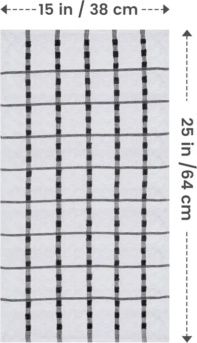 Communicates the exact physical dimensions of the kitchen towel (15 in x 25 in / 38 cm x 64 cm) to help shoppers understand the size before purchase.