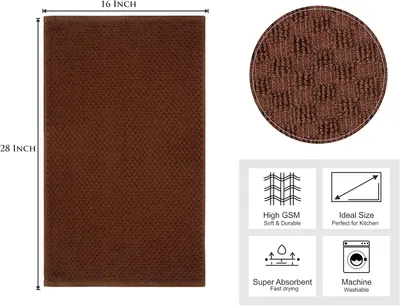 Shows the exact physical dimensions of the kitchen mat to help shoppers understand the size and fit for their space. Highlights four distinct product benefits…