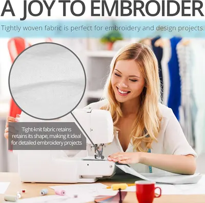 Uses a zoom-in callout to show the fabric's tight weave structure, demonstrating why it's ideal for detailed embroidery projects. Communicates that the…