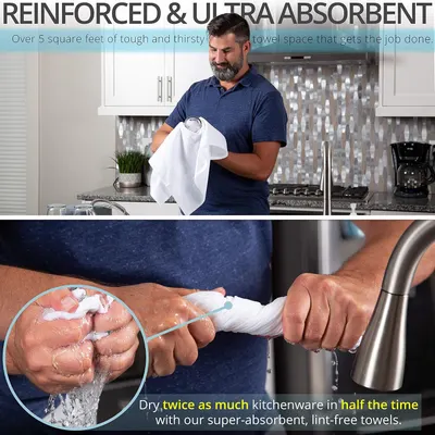 Showcases multiple performance benefits including durability, absorbency, drying speed, and lint-free quality through segmented visual layout.