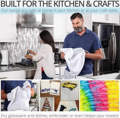 Demonstrates multiple use cases for the towels including drying dishes, embroidery projects, and tie-dye crafts to show versatility.