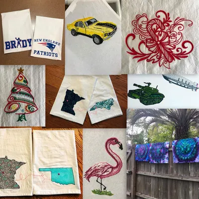 Shows real customer embroidery and tie-dye projects to provide social proof and inspire shoppers with creative possibilities.