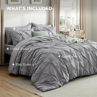 Shows exactly what items are included in the comforter set (pillowcases, pillow shams, fitted sheet, flat sheet, and comforter) so shoppers understand the…