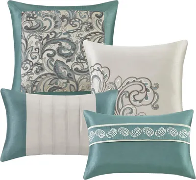 Shows the variety of decorative pillows included in the set, highlighting the coordinated designs and patterns available to the customer.