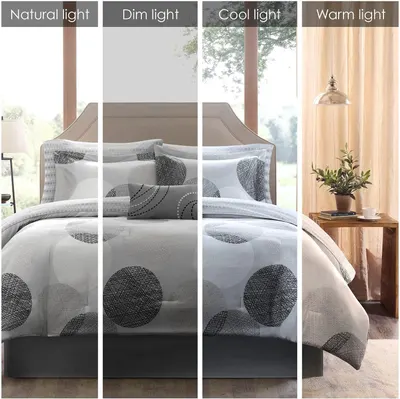 Demonstrates how the bedding looks under four different lighting scenarios (natural, dim, cool, and warm light) to help shoppers visualize the product in…