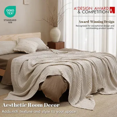 Showcases third-party recognition from A'Design Award and OEKO-TEX certification to build credibility and trust in the product's design excellence and safety standards. Emphasizes the blanket's…