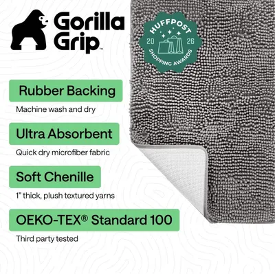 Highlights multiple key product features in a segmented layout to communicate the rug's durability, absorbency, comfort, and safety certification.