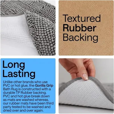 Showcases multiple product benefits in a four-panel layout, emphasizing the rubber backing construction and long-lasting durability compared to competitors.