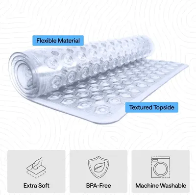 Displays multiple product features in a segmented layout with callouts and icons, communicating material flexibility, texture, softness, safety, and…